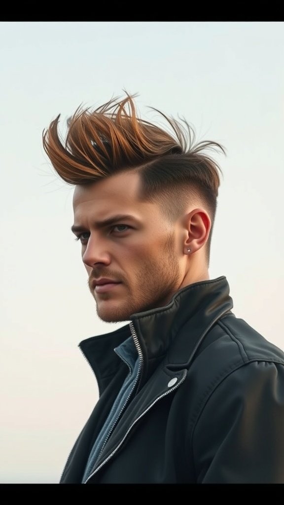 A man with a disconnected pompadour hairstyle, showcasing thick hair styled upwards with short sides.