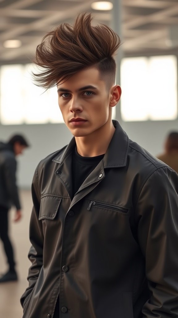 A young man with a disconnected pompadour hairstyle, featuring short sides and a voluminous top, dressed in a black jacket.
