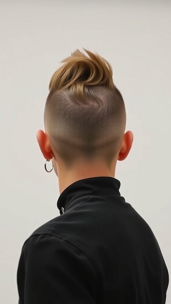 A person with a disconnected pompadour fade hairstyle, showcasing a high fade on the sides and longer hair styled upwards.