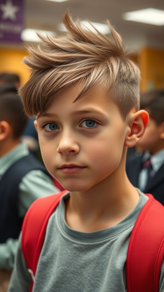 A boy with a disconnected undercut hairstyle, looking confidently at the camera with a backpack.