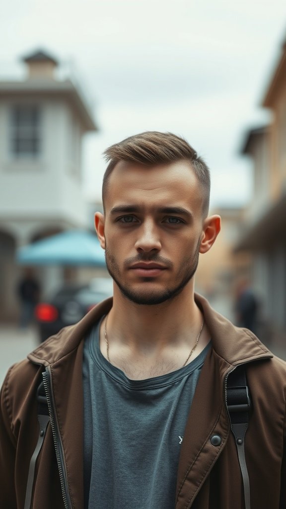 A young man with a disconnected undercut hairstyle, featuring short sides and a longer top, styled neatly.