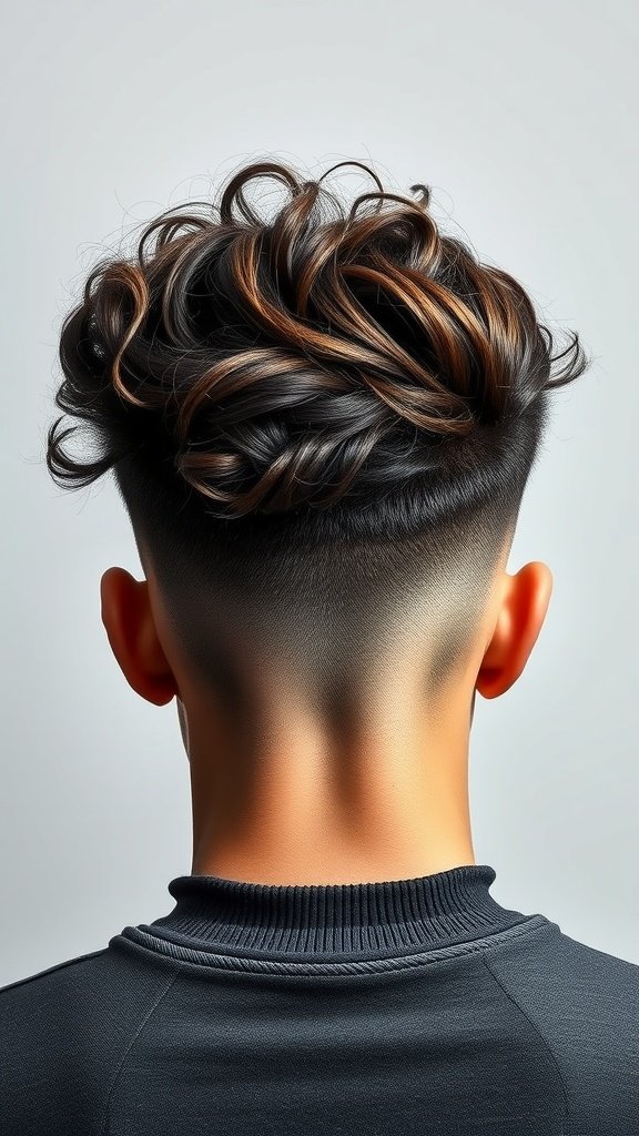 A back view of a man with a disconnected undercut and curly hair on top, showcasing a stylish and modern haircut.