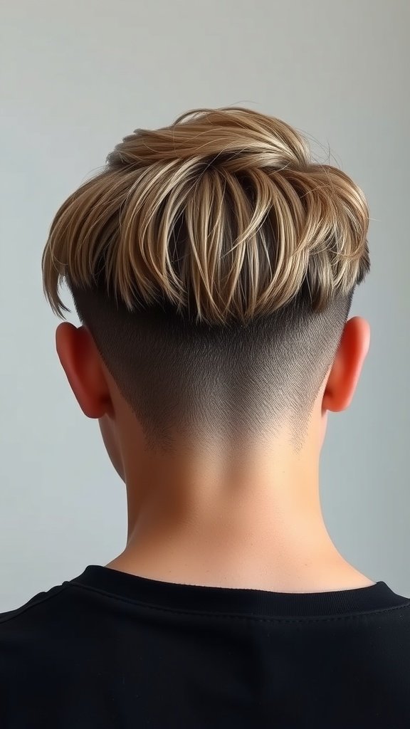 A person showcasing a disconnected undercut hairstyle with medium-length hair on top and closely cropped sides.