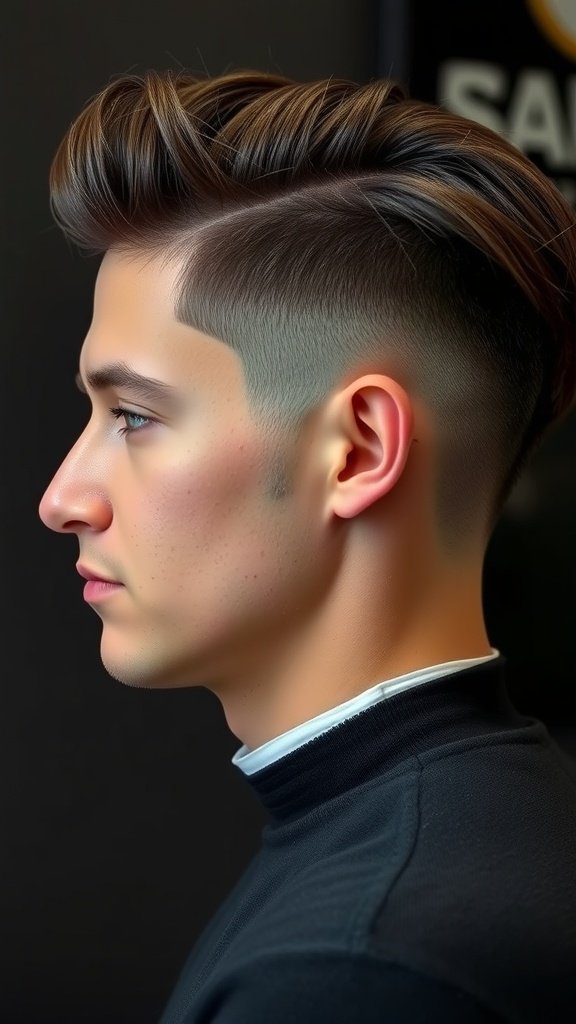 A young man with a drop fade haircut and back-swept hair, showcasing a stylish and modern look.