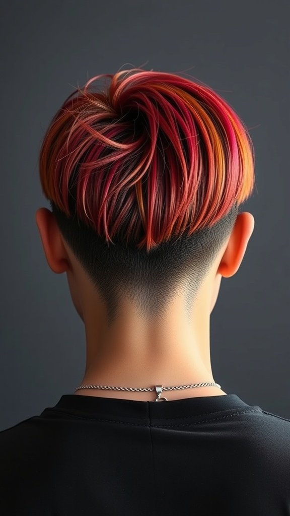 Back view of a drop fade haircut with bold red and orange colors