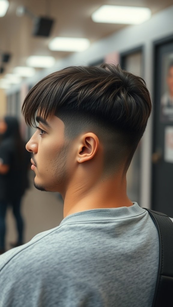 Young man with a drop fade haircut, showcasing a casual style.