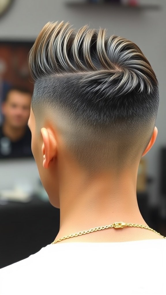 A stylish drop fade haircut with a clean pompadour, showcasing a smooth transition from short sides to a voluminous top.