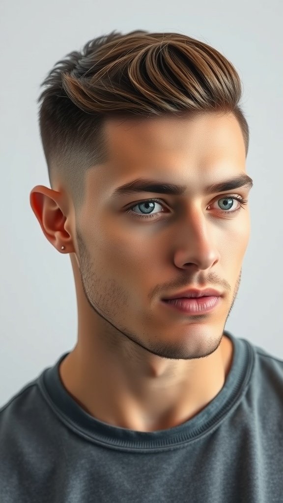 A young man with a drop fade haircut and clean shave, showcasing a polished and stylish appearance.