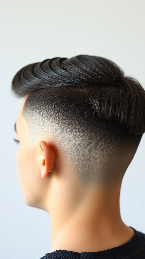 A stylish drop fade haircut with a curved line up, showcasing a smooth transition from longer hair on top to shorter sides.