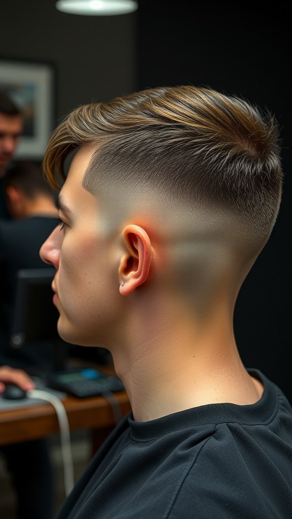 A young man with a drop fade haircut featuring a defined hairline, showcasing a smooth transition from longer hair on top to a faded side.