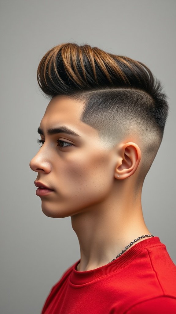 A young man showcasing a drop fade haircut with a high volume top, featuring a stylish look.