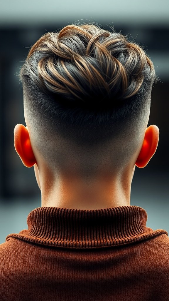 Back view of a drop fade haircut with a layered top, showcasing a smooth fade and textured hair.