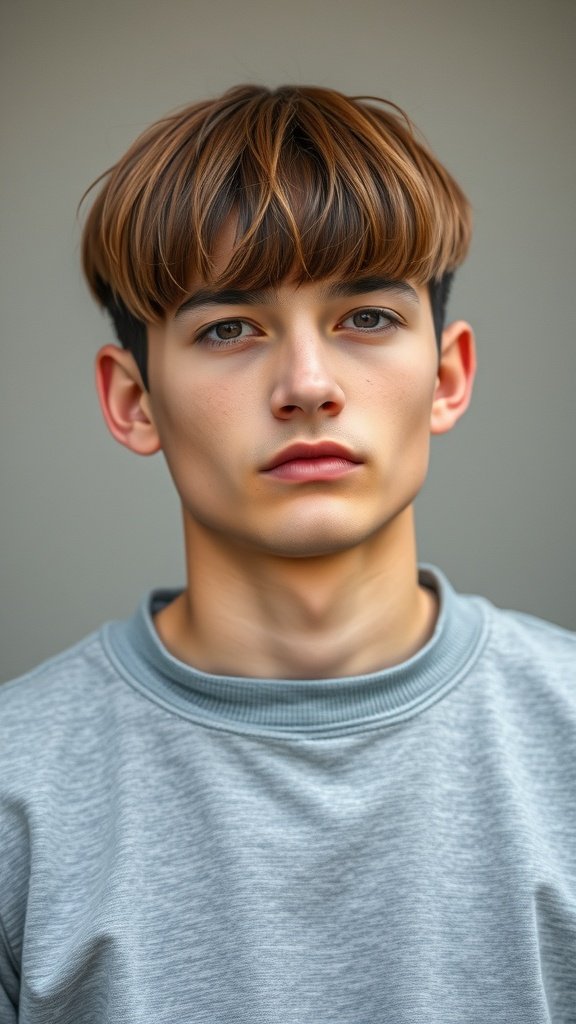 A young man with a drop fade haircut featuring a long fringe, wearing a gray sweatshirt.