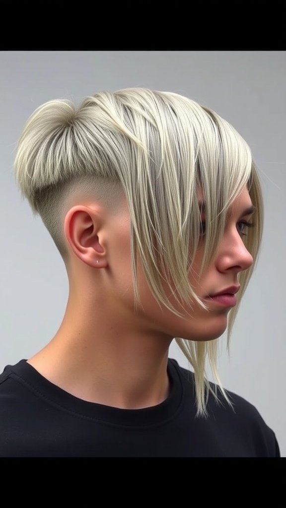 A man with a drop fade haircut featuring long layered hair on top, styled to one side.