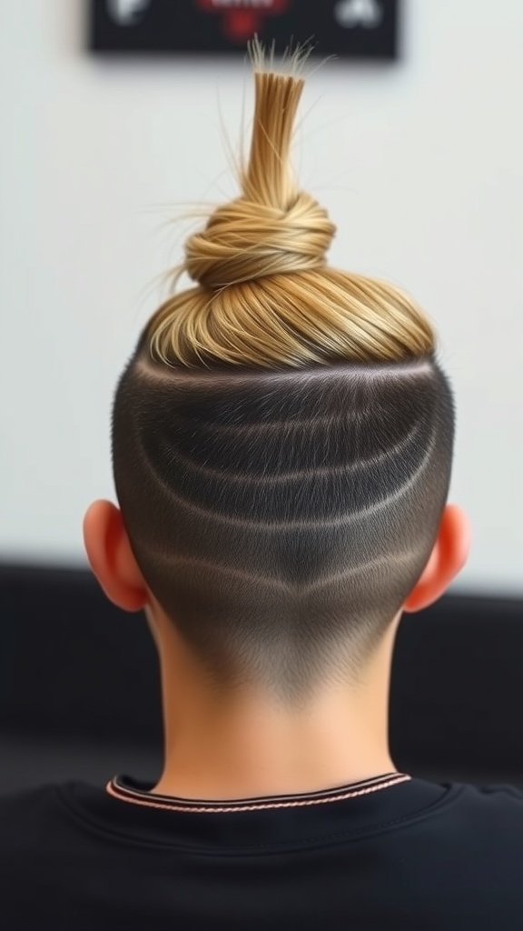 A stylish drop fade haircut with a long top knot, showcasing a sharp fade and a tied-up top section.
