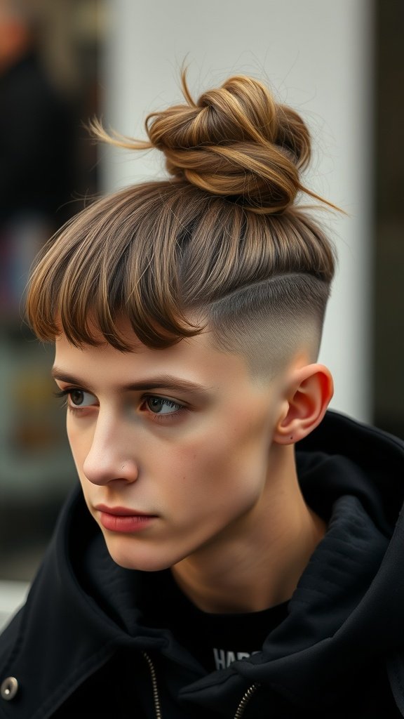 A young man with a drop fade haircut and a messy bun, showcasing a stylish and modern look.
