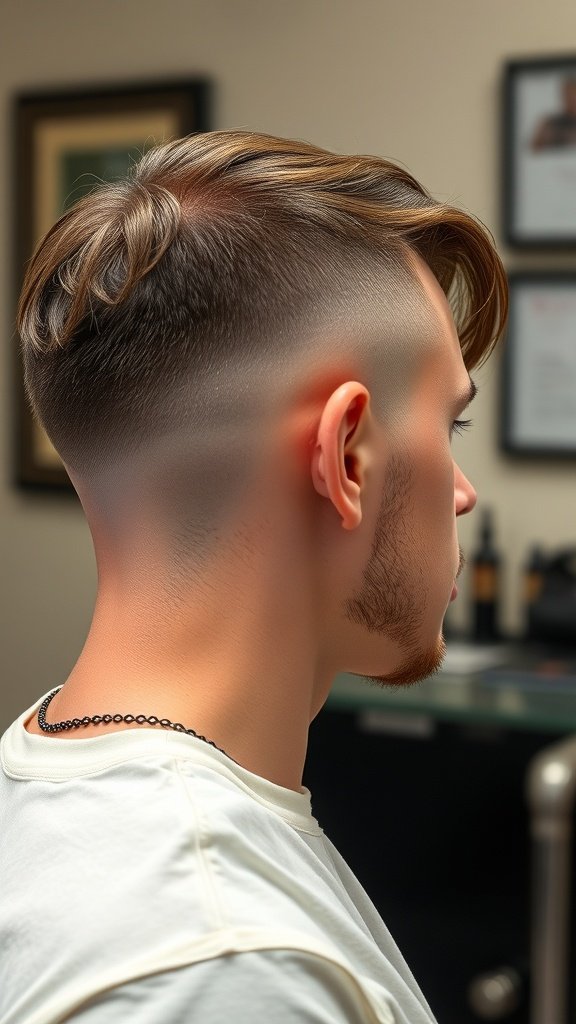 A man with a drop fade haircut featuring a natural part, showcasing a stylish and modern look.