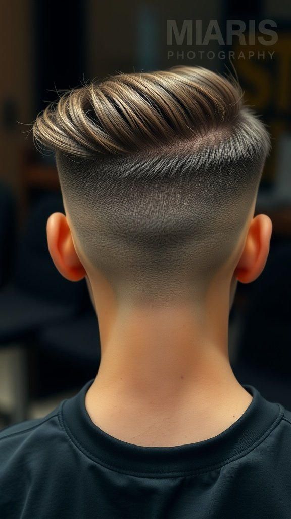 A stylish drop fade haircut with a side brush, showcasing a smooth fade and longer top.