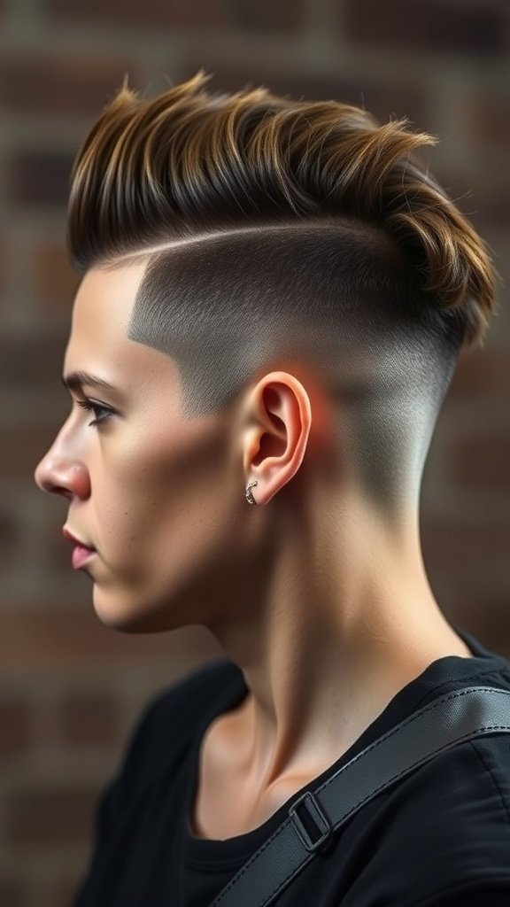 A stylish drop fade haircut with a side mohawk, showcasing a smooth transition from longer hair on top to faded sides.