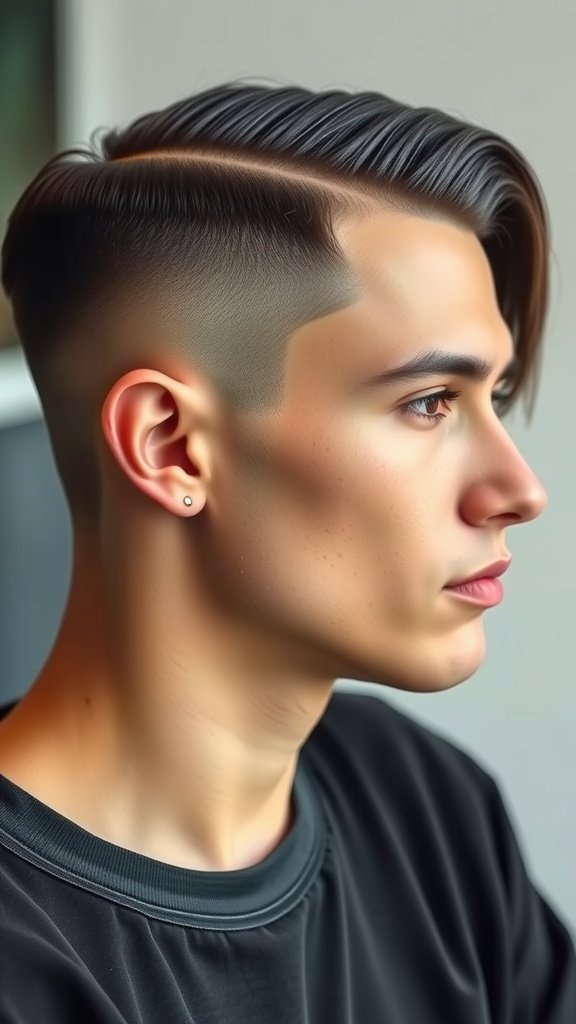 A young man showcasing a drop fade haircut with a slick side part, emphasizing a modern and stylish look.