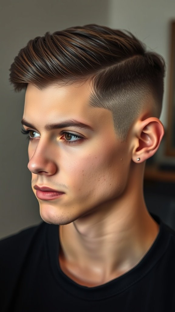 A young man with a drop fade haircut featuring a soft side part, showcasing a clean and stylish look.