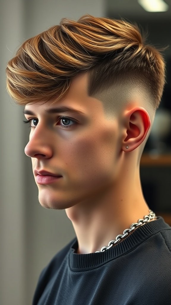 A young man with a drop fade haircut featuring soft texture on top, showcasing a stylish and modern look.
