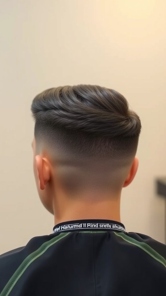 A man showcasing a drop fade haircut with a tapered top, highlighting the smooth transition from short to longer hair.