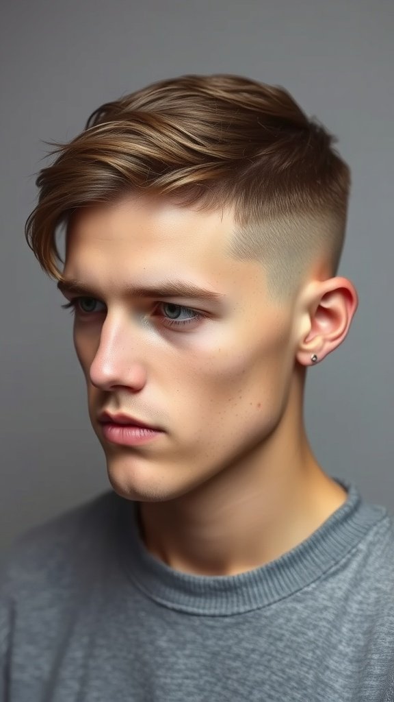 A young man with a drop fade haircut and textured crop hairstyle.