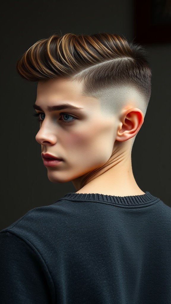 A young man with a drop fade haircut featuring a textured side part, showcasing a stylish and modern look.