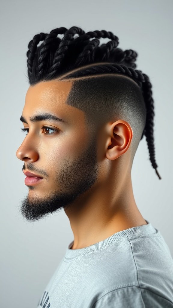 A man with a drop fade haircut and braided hair on top, showcasing a stylish and modern look.