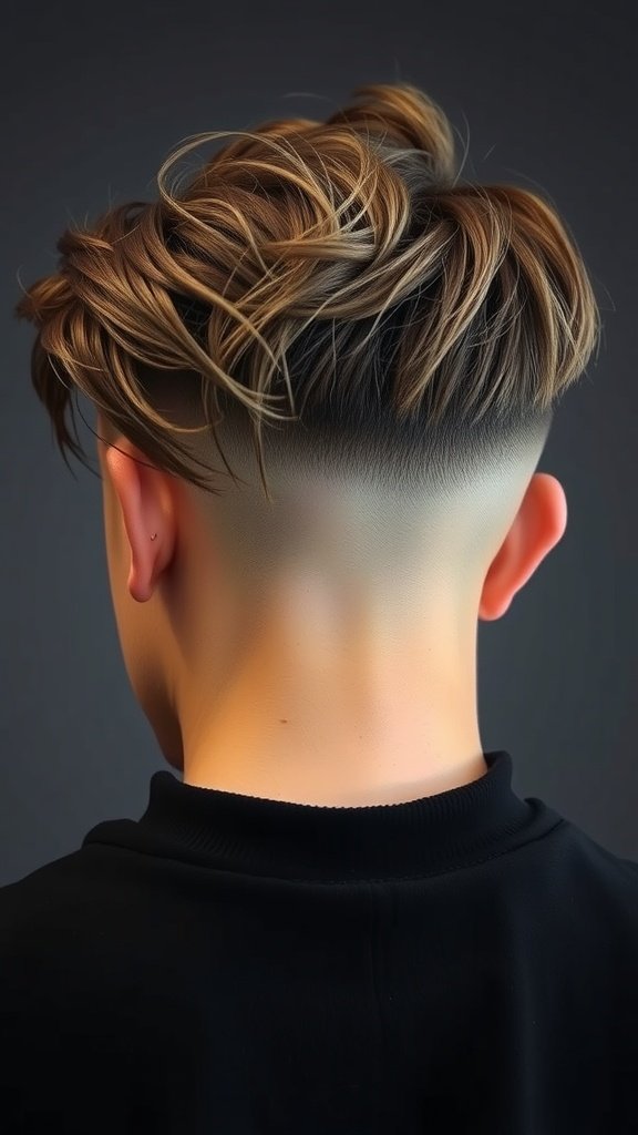 A stylish drop fade haircut with choppy layers, showcasing a smooth fade and textured top.
