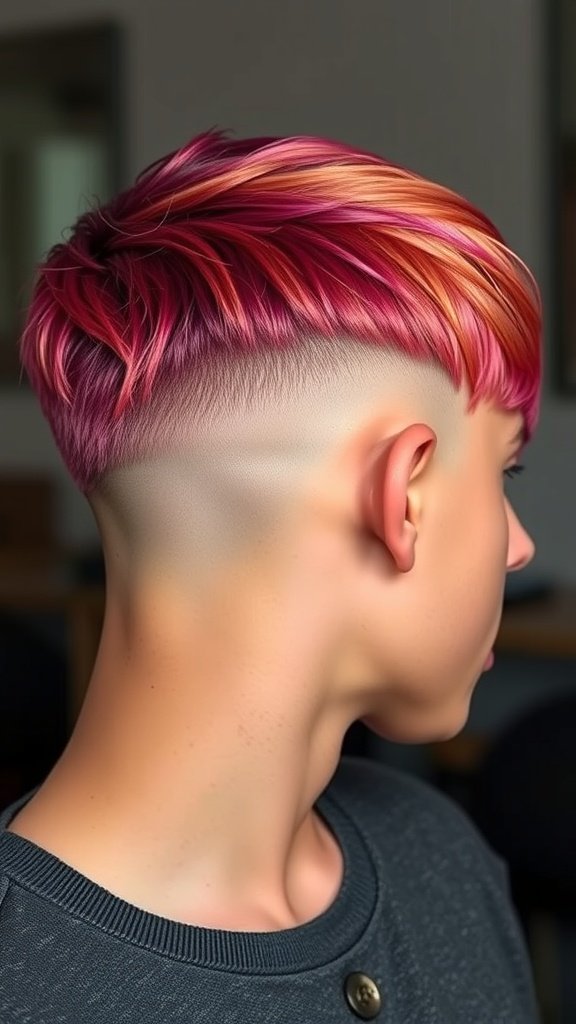 A stylish drop fade haircut with vibrant pink and orange highlights.