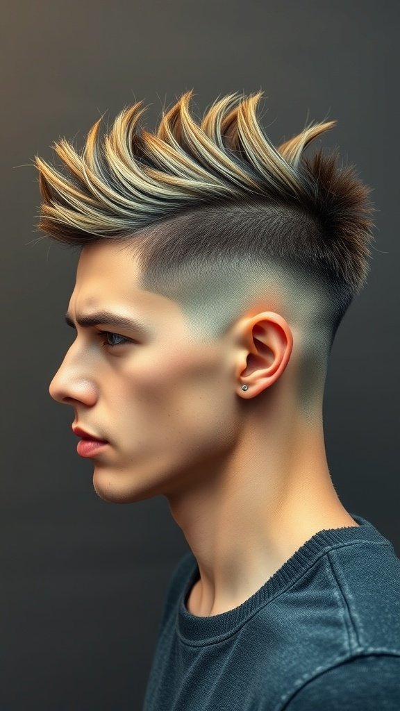 A young man with a drop fade haircut styled into a faux hawk, showcasing a modern and edgy look.