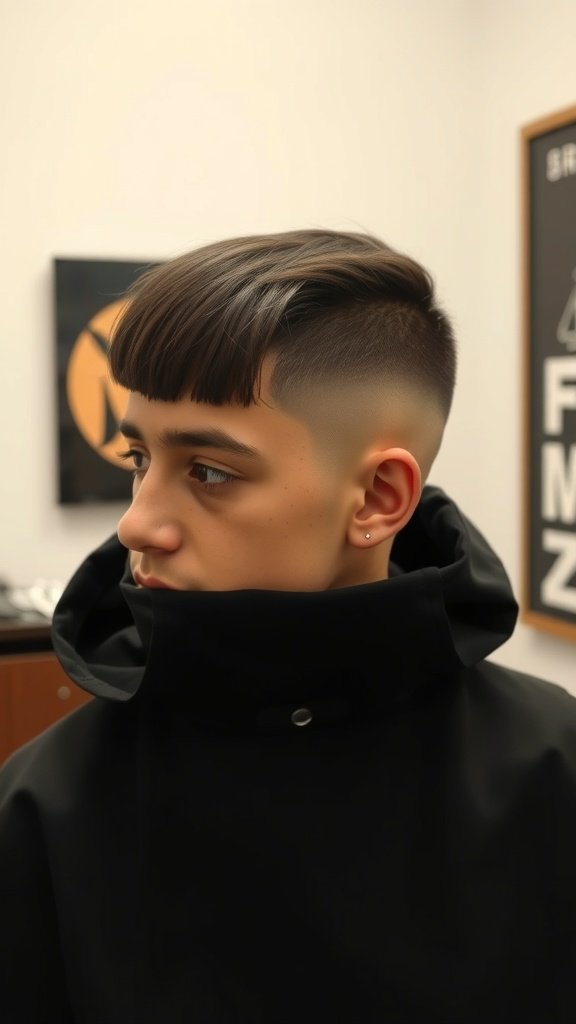 A young man with a drop fade haircut featuring a fringe, wearing a black jacket.