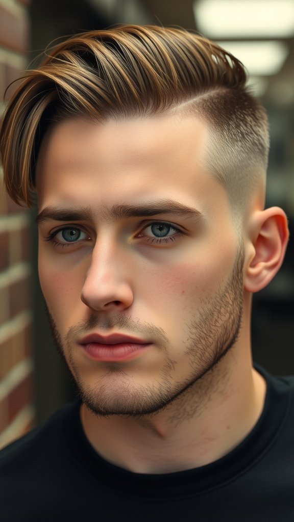 A young man with a drop fade haircut and long sideburns, styled with a wavy top.