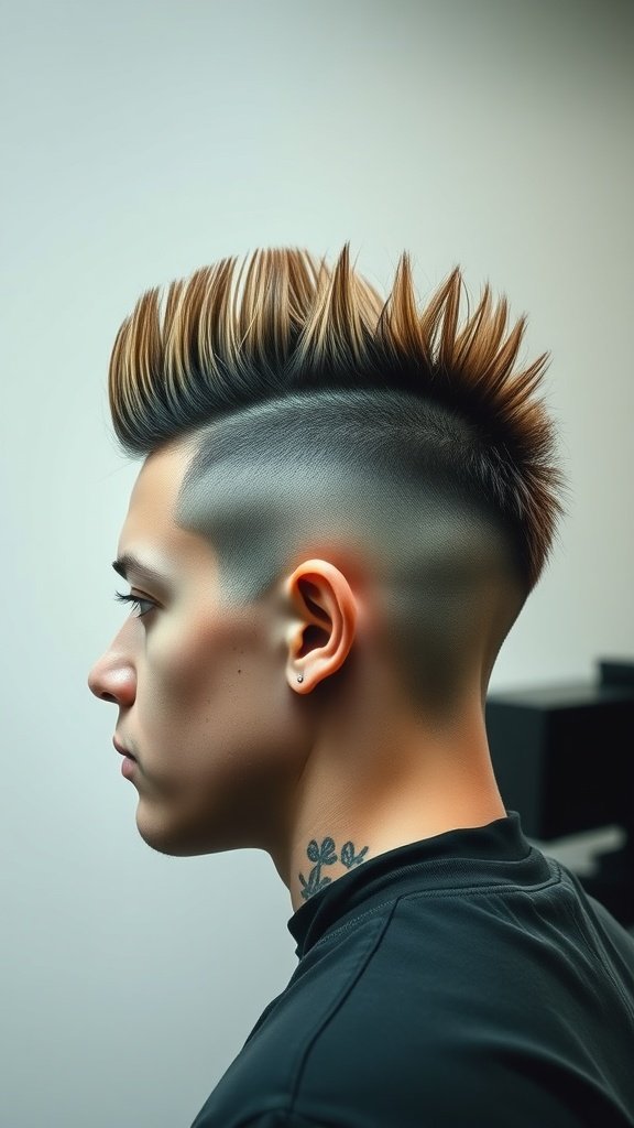 A young man showcasing a drop fade haircut with a mohawk, featuring a sharp fade and spiked hair on top.