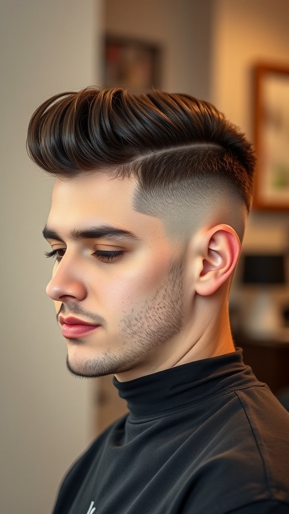A young man showcasing a drop fade haircut with a voluminous pompadour hairstyle.