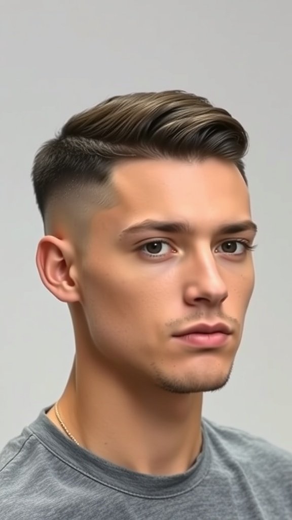 A young man with a drop fade haircut and a side part, showcasing a stylish and modern look.