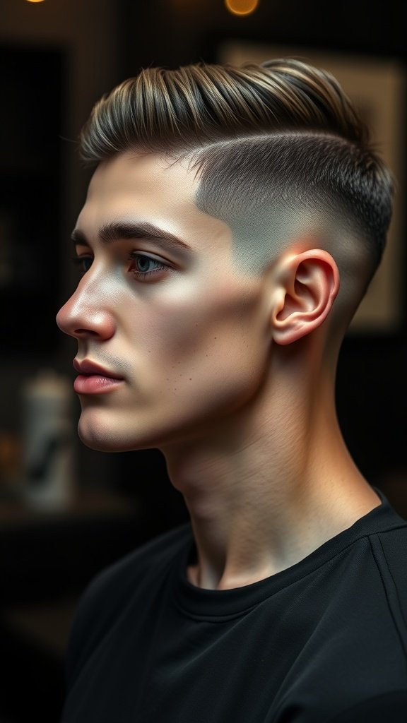 A young man with a drop fade haircut and slicked back hair, showcasing a stylish and modern look.
