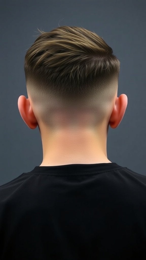 A stylish drop fade haircut with tapered sides, showcasing a smooth transition from longer hair on top to shorter sides.