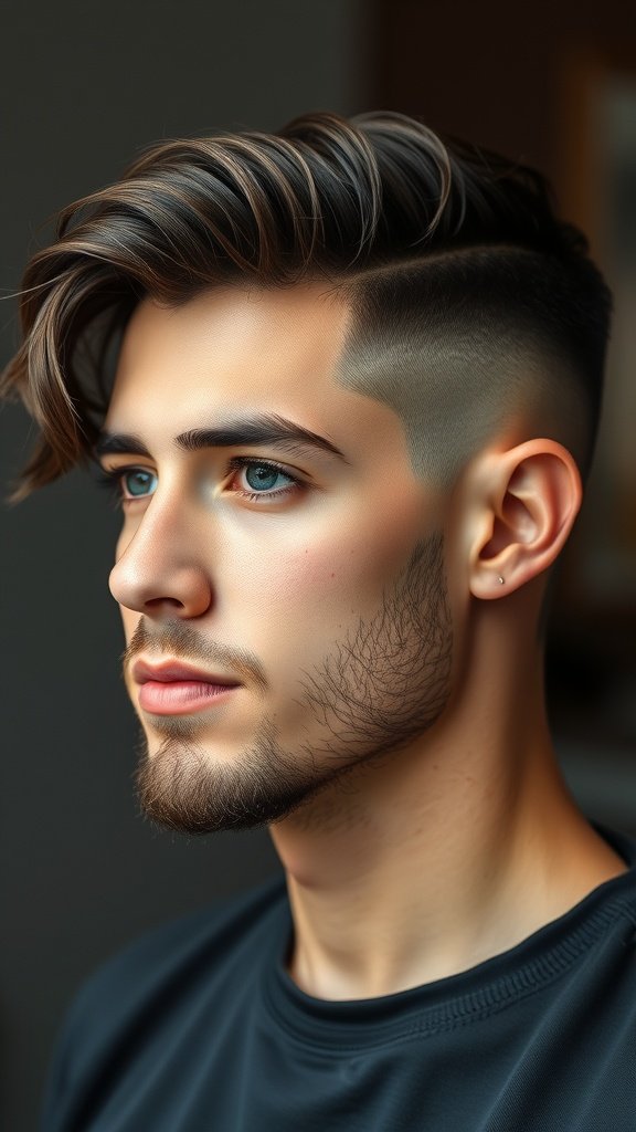 A young man with a drop fade haircut and styled waves on top.