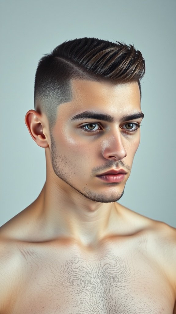 A young man with an Edgar haircut featuring a skin fade, showcasing a modern and stylish look.