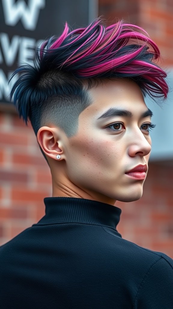 A young man with an Edgar haircut featuring bold pink and black colors, showcasing a stylish look.