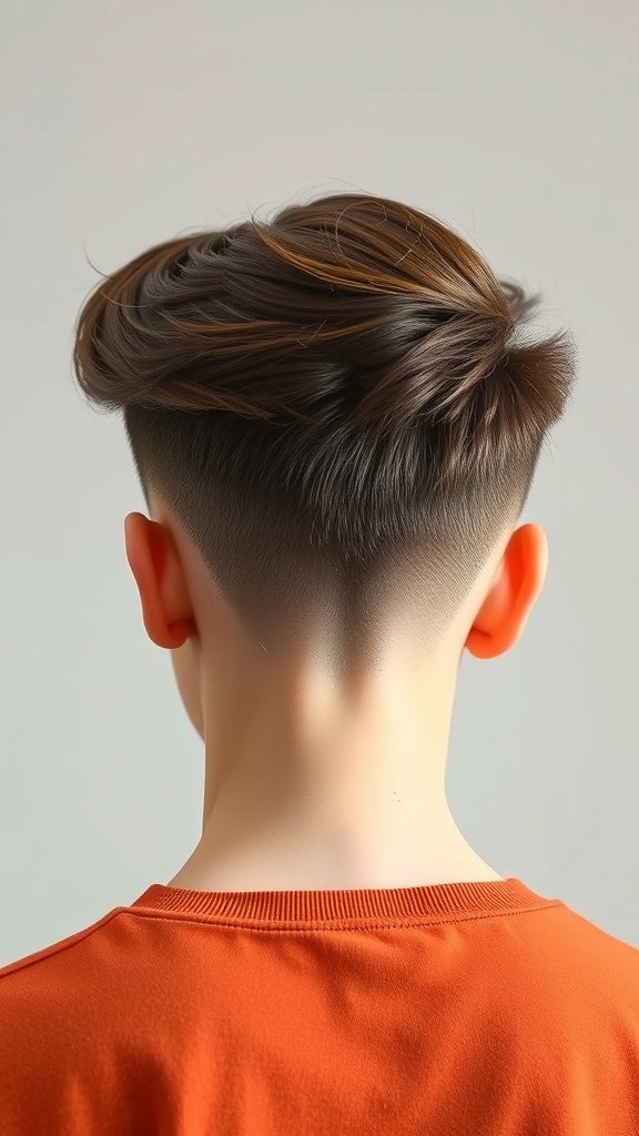 Back view of a man with an Edgar haircut styled with a brush up