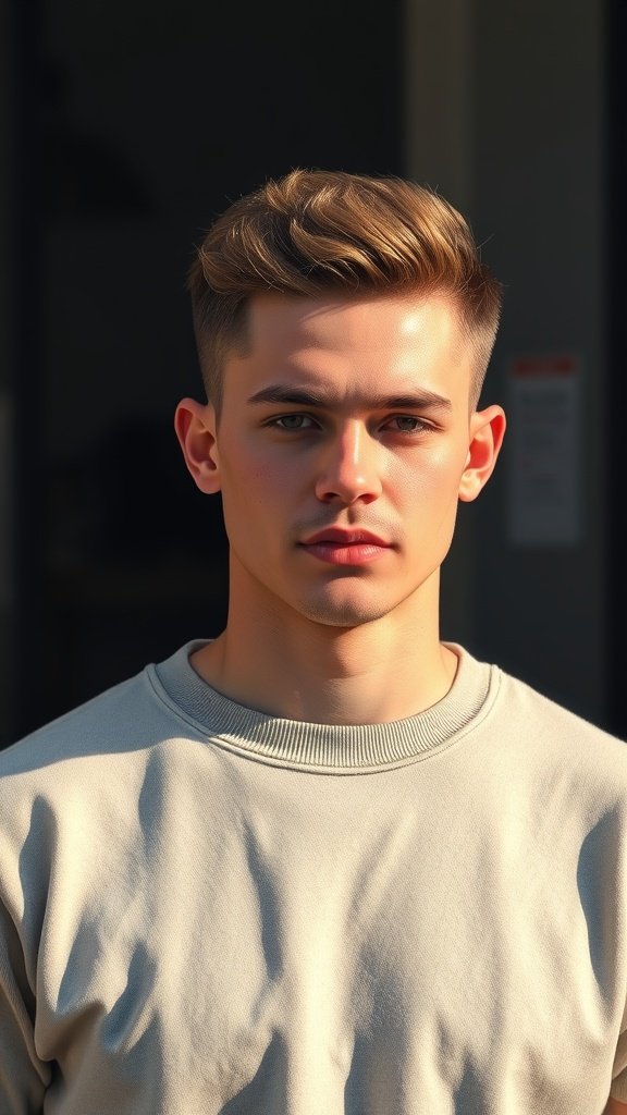 A young man with an Edgar haircut wearing a light sweatshirt, showcasing a casual look.