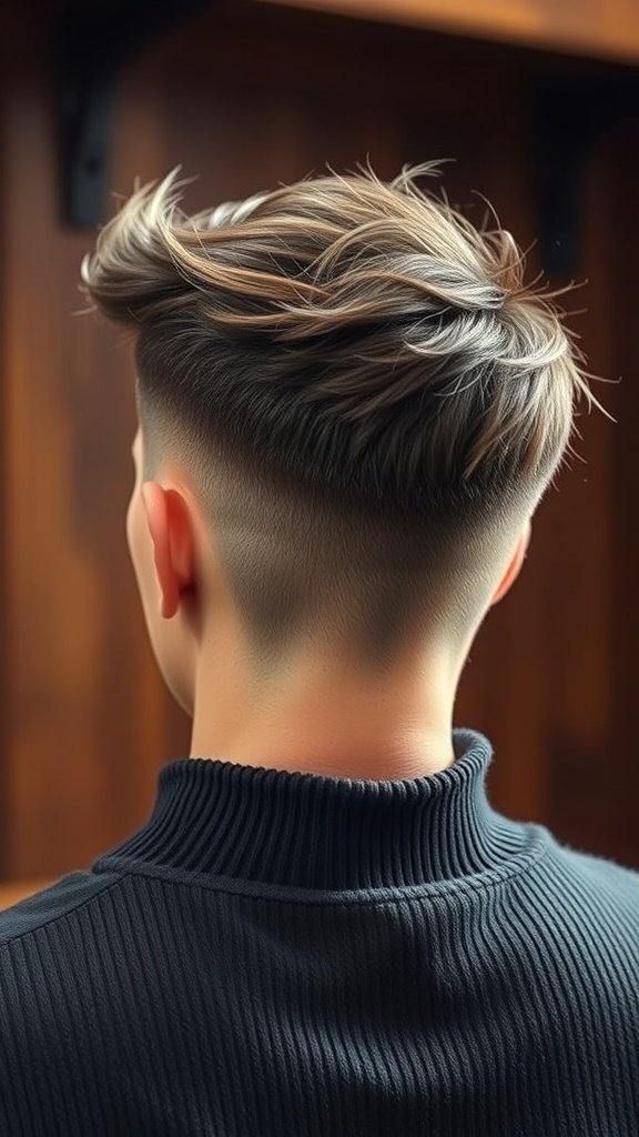 A stylish Edgar haircut with a clean fade and voluminous top, showcasing a classic look.