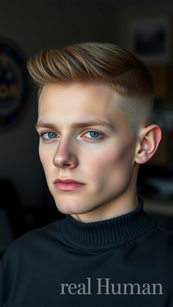 A young man with an Edgar haircut, featuring a clean finish and styled with a turtleneck.