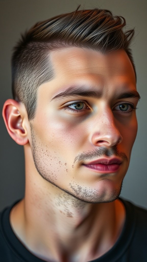 A young man with an Edgar haircut and clean shave, showcasing sharp facial features.