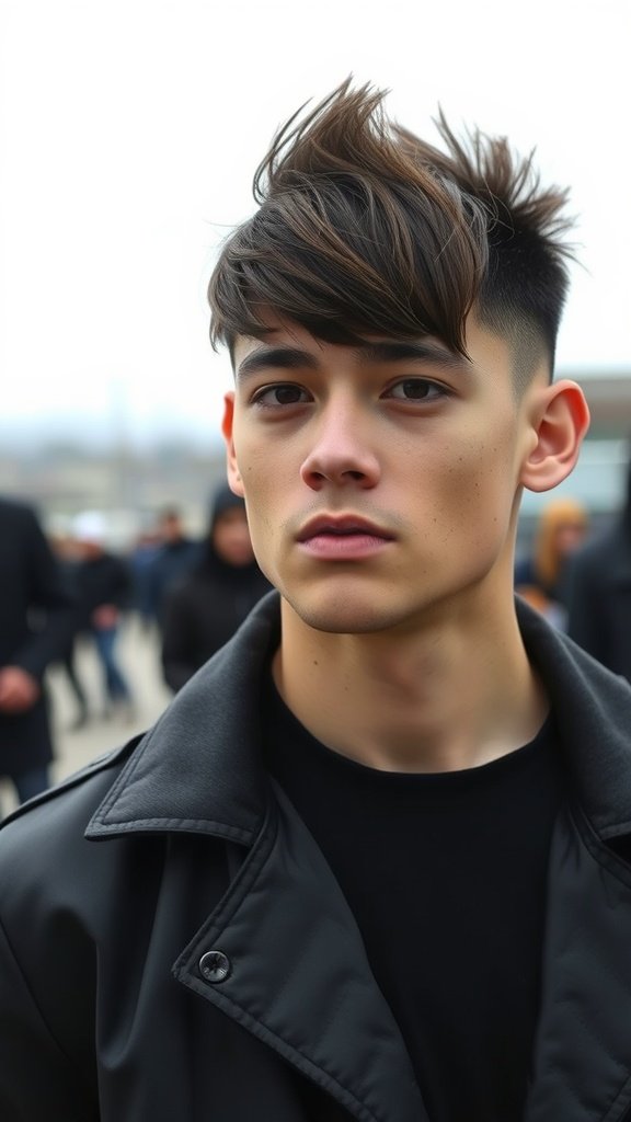 A young man with an Edgar haircut featuring a dramatic fringe, looking confidently at the camera.
