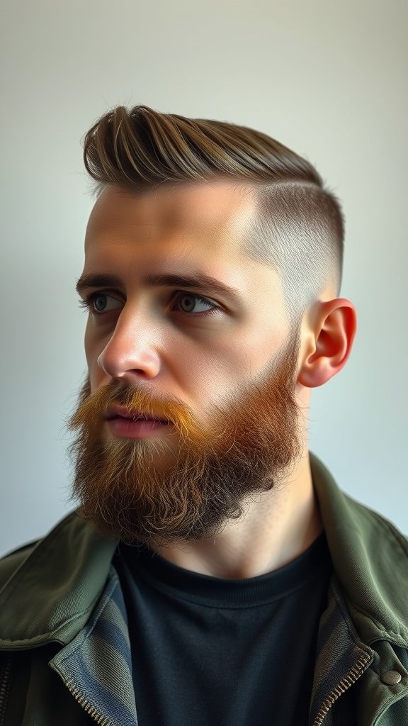 Man with Edgar haircut featuring a fade and a well-groomed beard